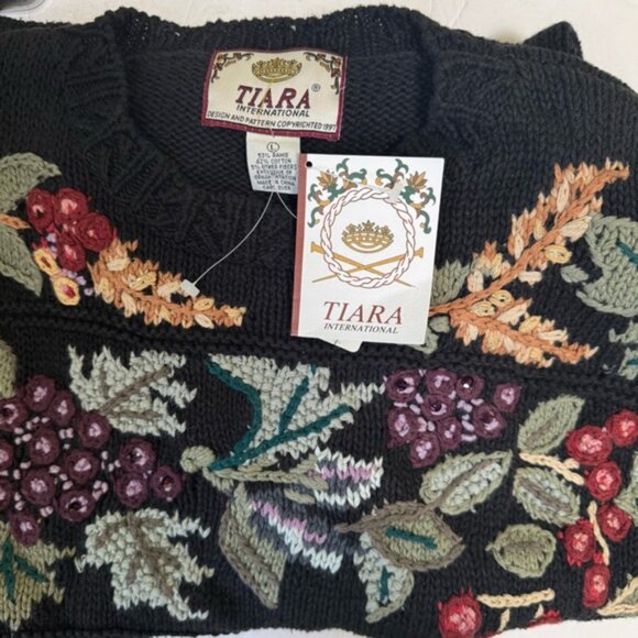 Vintage 80s NEW Tiara Floral Embroidery Cotton Sweater Pullover Oversized Boho L - Picture 5 of 15